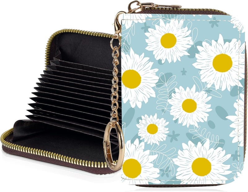 Luoycxy Credit Card Holder for Women,Small Rfid Wallet with Keychain Zipper,Cute PU Leather Card Case Wallet，Accordion Credit Card Wallets Gift,White Flowers - Image 1
